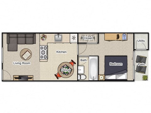 Floor plan for 1 bed, 1 bath, 575 sqft